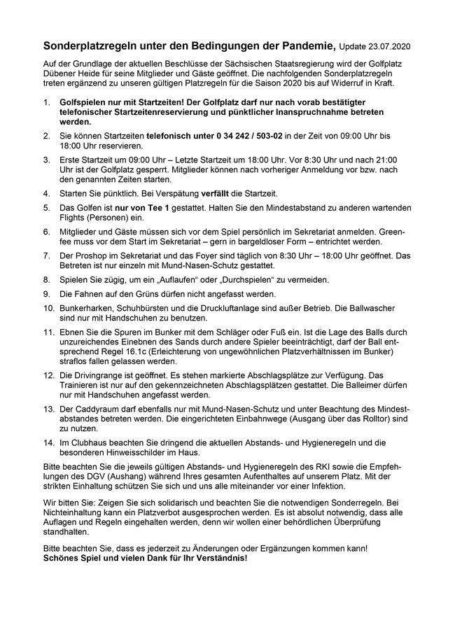 Aktualisierte Sonderplatzregeln (Stand 23.07.2020)